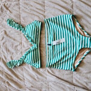 JCrew 2 piece swimsuit set green & white stripes Top Sz S, Bottom Sz M